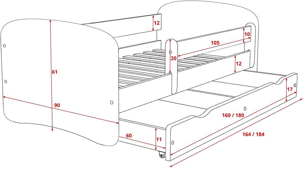 Lit enfant automobile avec sommiers et barrière de sécurité amovible Drimy  - Matelas mousse - 80