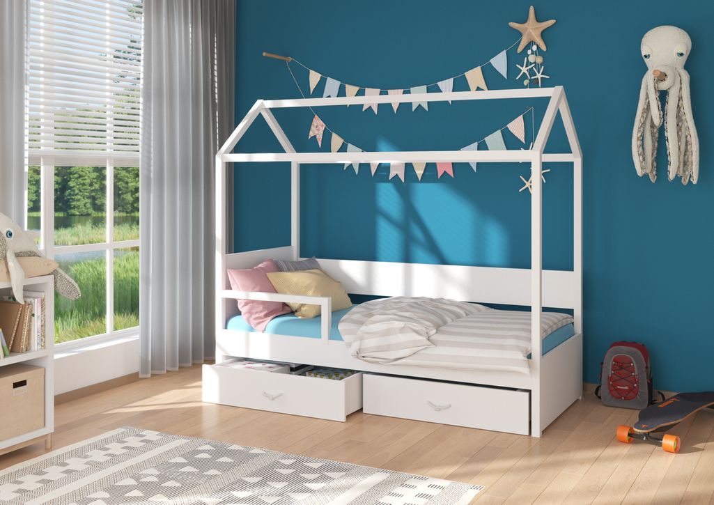 Lit enfant cabane bois pin blanc 90x200 cm avec barriére et 2 tiroirs de rangement Forka - Photo n°4