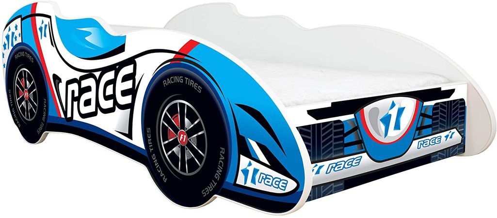 Lit enfant voiture F1 Race bleu 70x140 cm - Sommier et matelas inclus - Photo n°1
