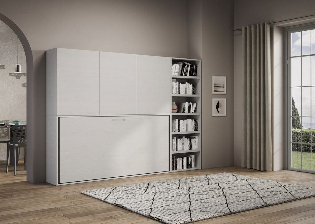 Lit escamotable horizontal blanc Bounto 85x185 cm avec rangement et bibliothèque composition G - Photo n°7