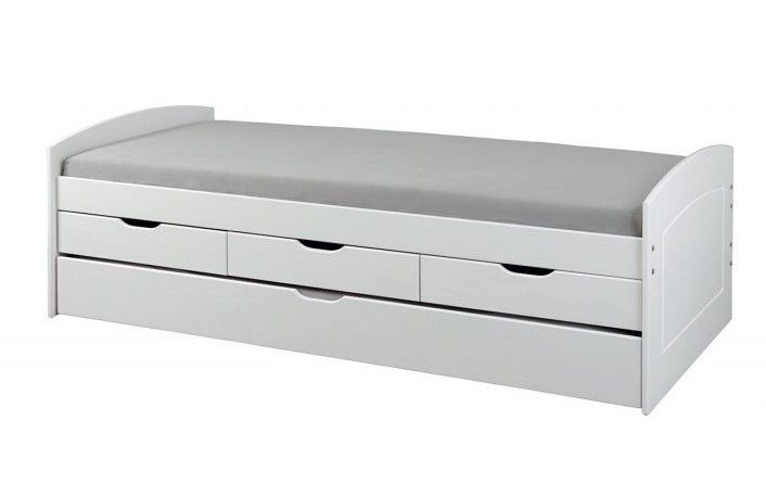 Lit banquette 3 tiroirs et 1 tiroir lit pin massif vernis blanc Eureka 90x190 cm - Photo n°1