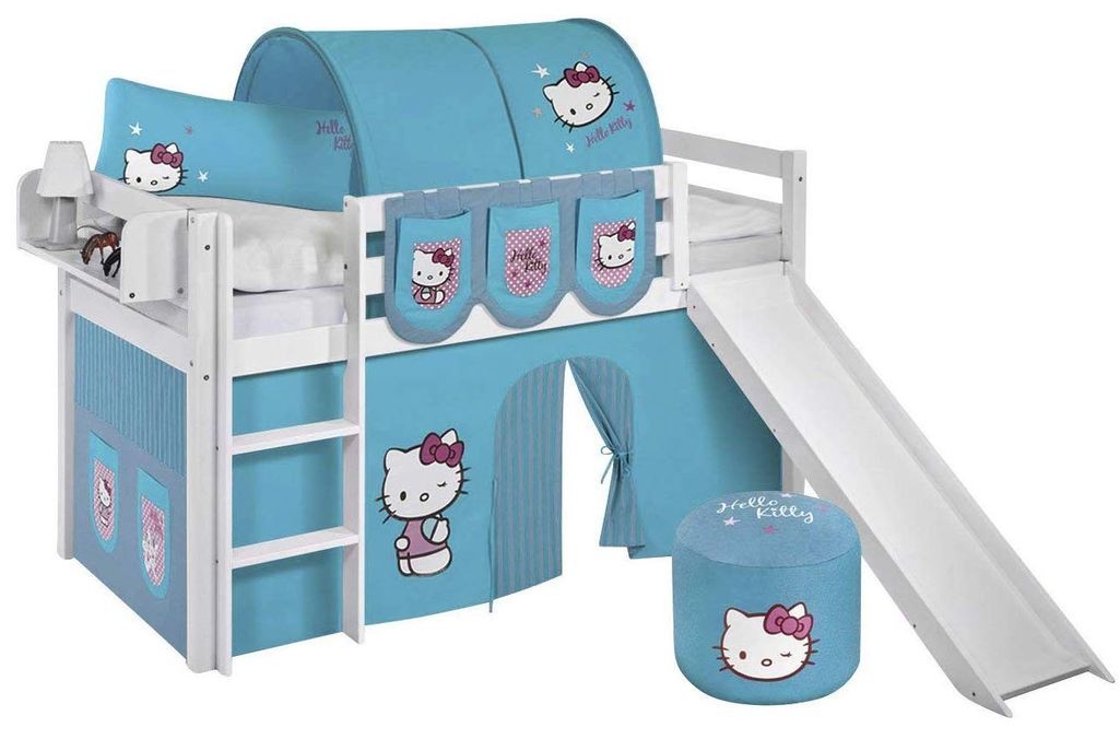 Lit mezzanine blanc avec toboggan et rideau bleu Hello Kitty 90x190 cm - Photo n°1