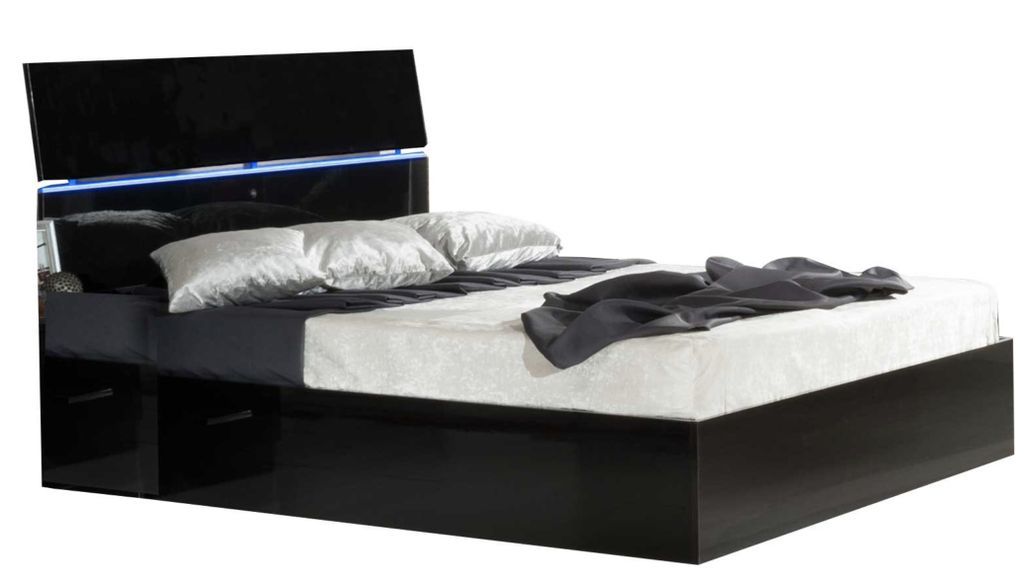Lit moderne bois noir laqué et tête de lit noire laquée avec led Mona - Photo n°1