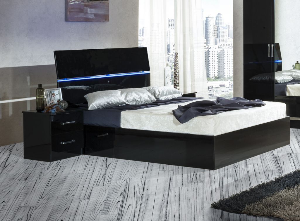 Lit moderne bois noir laqué et tête de lit noire laquée avec led Mona - Photo n°2