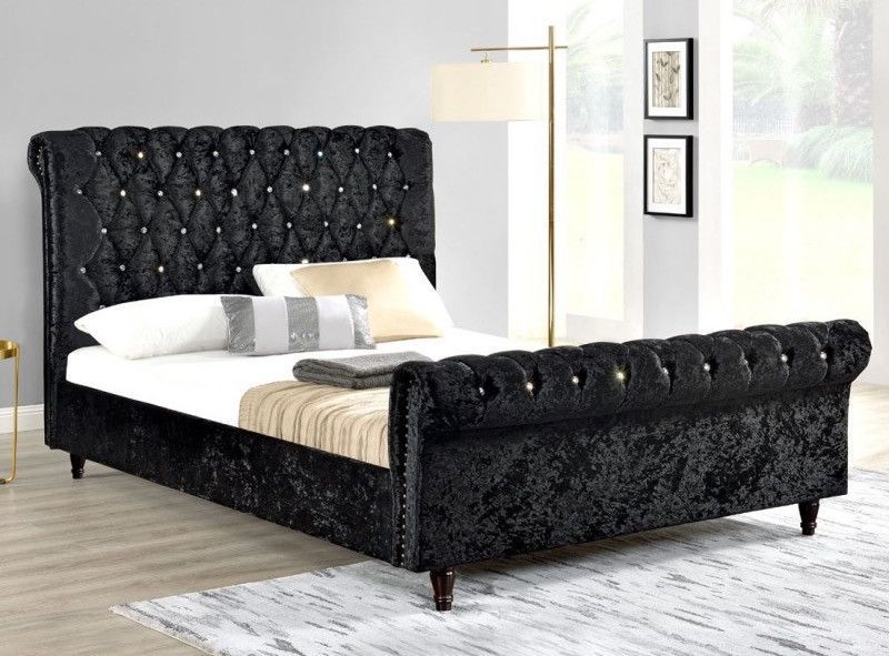Lit moderne tête de lit haute capitonnée tissu noir Kapy 160x200 cm - Photo n°1