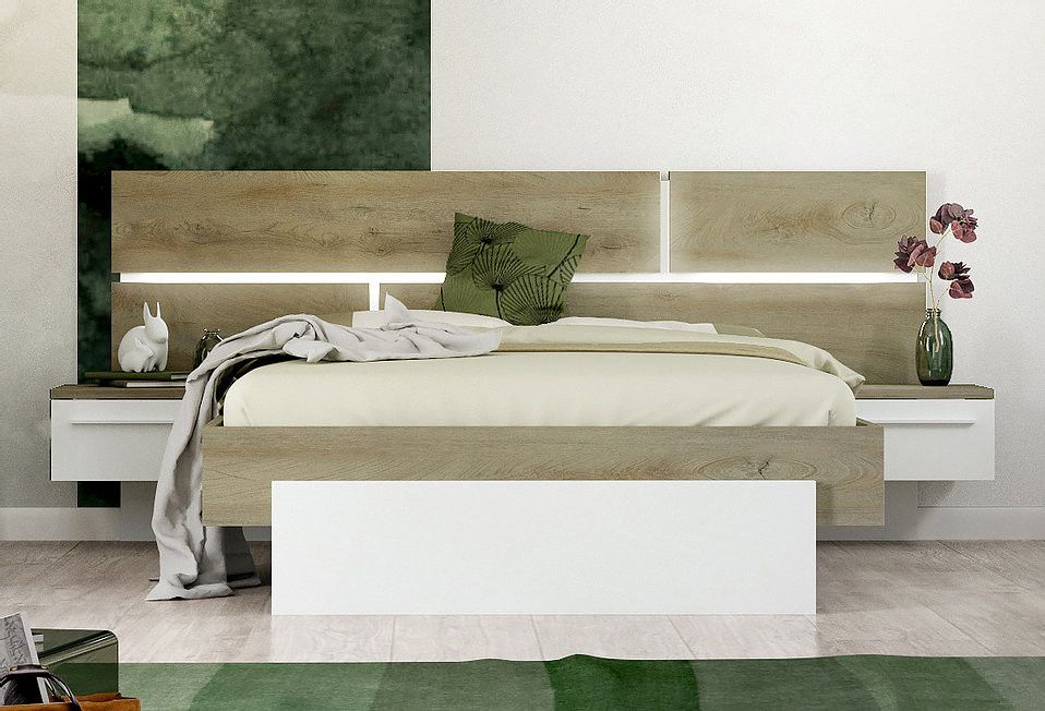 Lit laqué blanc et bois taupe grisé avec éclairage à tête de lit à effet graphique Kido 180x200 cm - Photo n°7