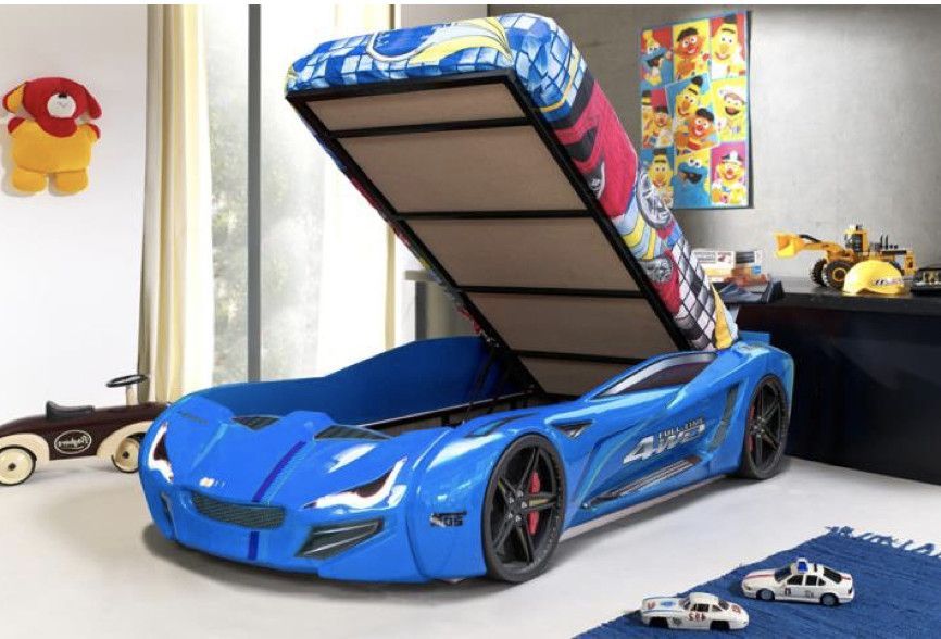 Lit voiture de sport bleu à Led avec coffre de rangement à Led Competition 90x190 cm - Photo n°4