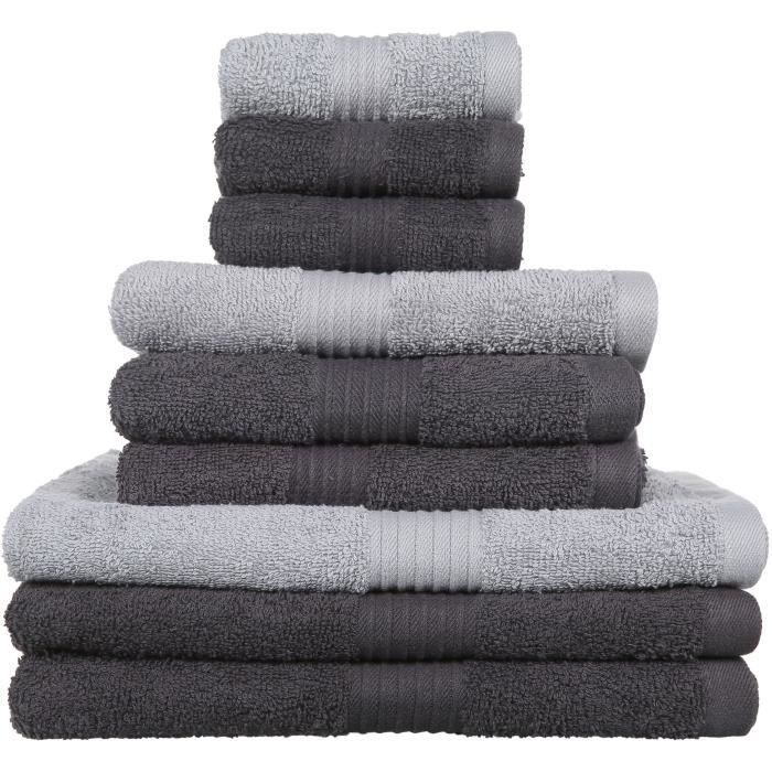 Lot de 9 serviettes de bain ESSENTIAL - 100% Coton - 50 / 90 / 130 cm - Coloris fusain et acier - TODAY - Photo n°3