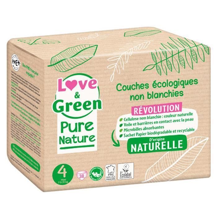 LOVE AND GREEN Couches hypoallergéniques Non blanchies Pure Nature - Certifiées Ecolabel T4 x 38 (7 a 14 kilos) - Photo n°1