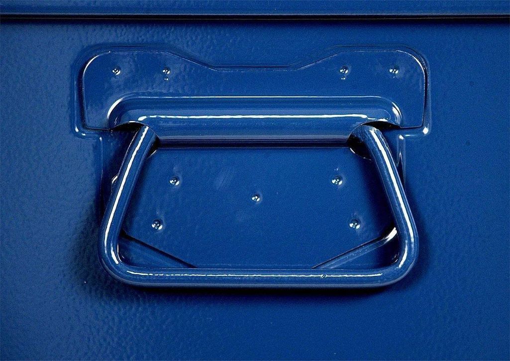 Malle métallique bleu avec poignée simili cuir L 90 x H 43 x P 50 cm - Photo n°4
