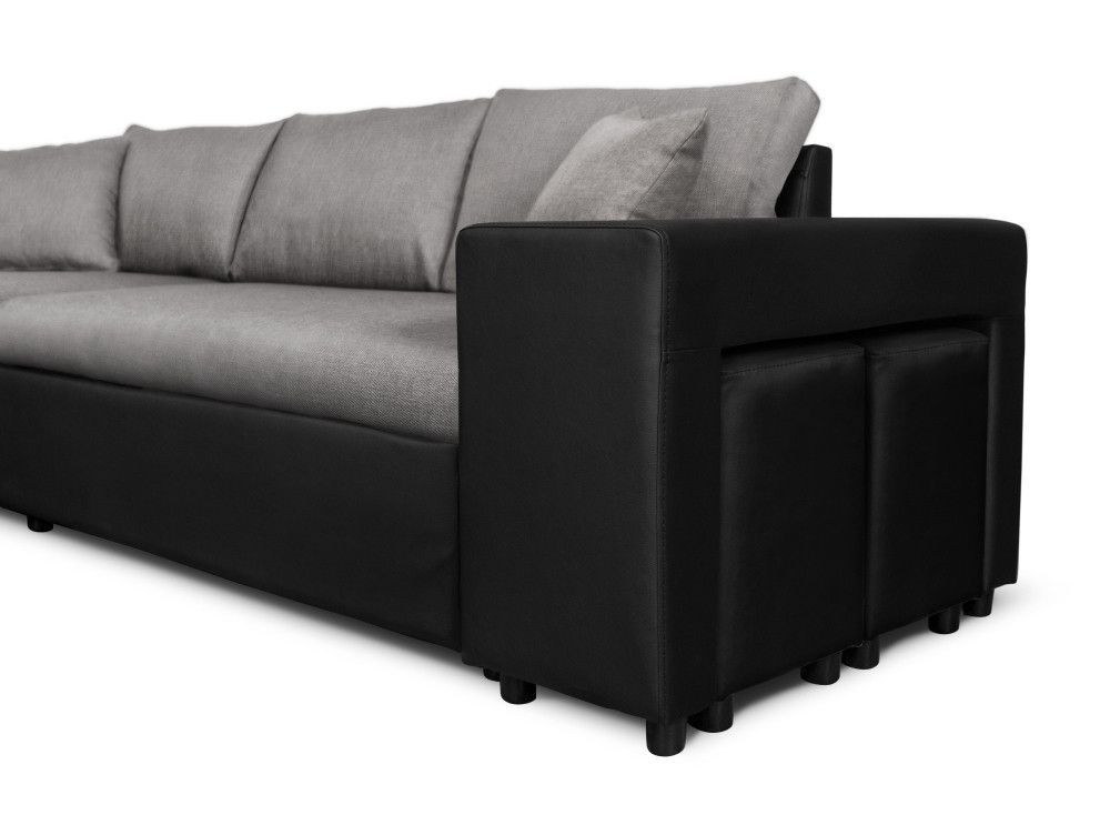Canapé d'angle reversible et convertible simili noir et tissu gris avec coffre et poufs Kita 241 cm 2 - Photo n°9