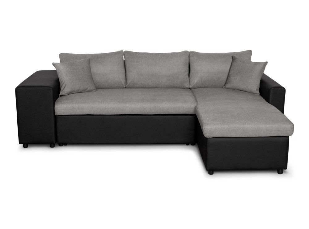 Canapé d'angle reversible et convertible simili noir et tissu gris avec coffre et poufs Kita 241 cm - Photo n°5