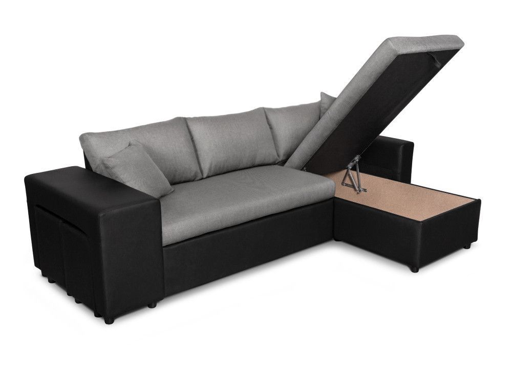 Canapé d'angle reversible et convertible simili noir et tissu gris avec coffre et poufs Kita 241 cm - Photo n°6