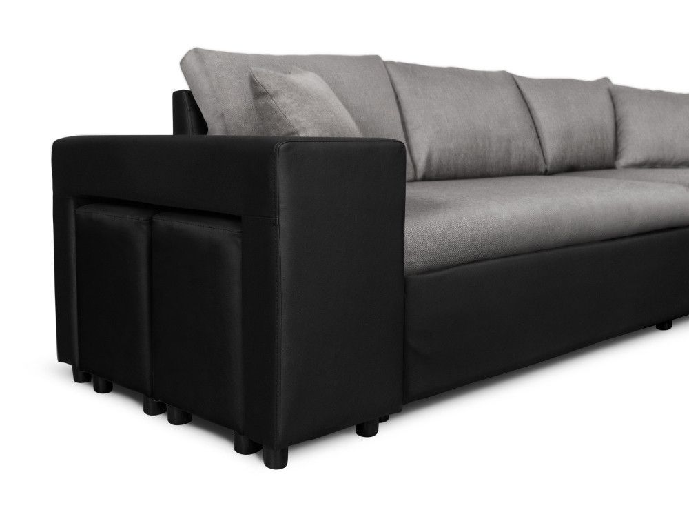 Canapé d'angle reversible et convertible simili noir et tissu gris avec coffre et poufs Kita 241 cm - Photo n°9