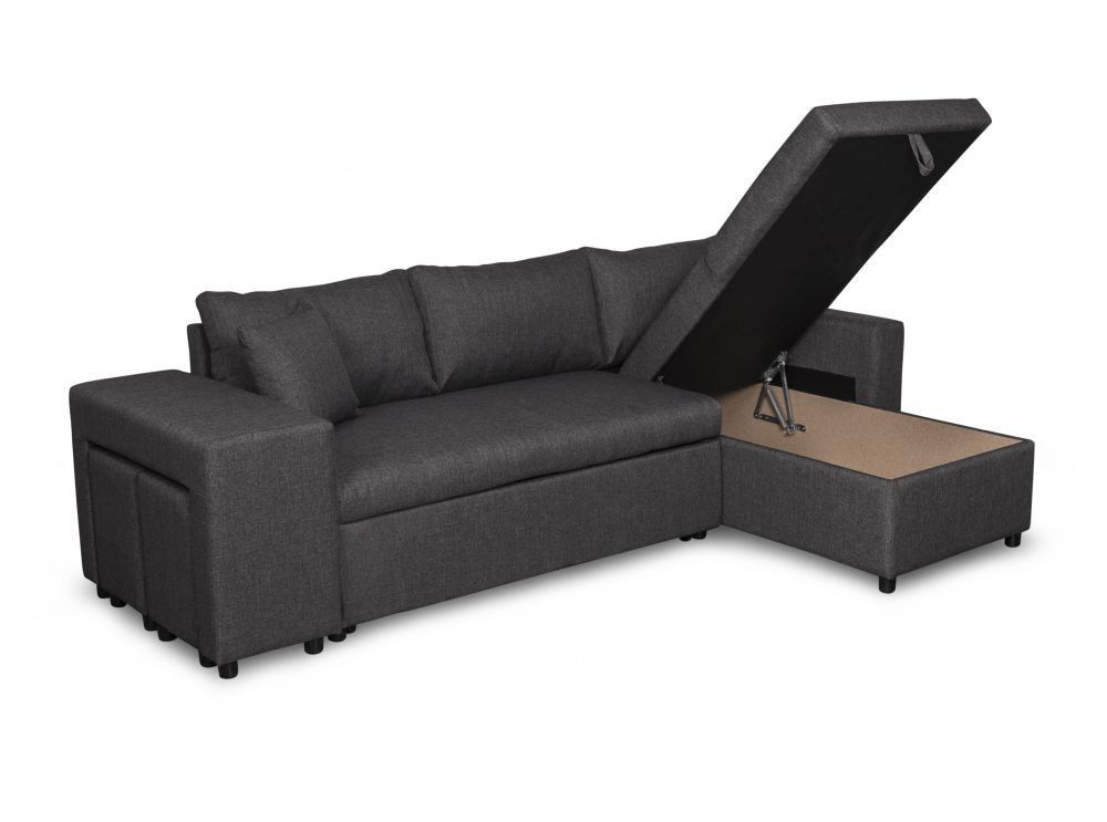 Canapé d'angle reversible et convertible tissu gris foncé avec coffre et poufs Kita 241 cm 2 - Photo n°4