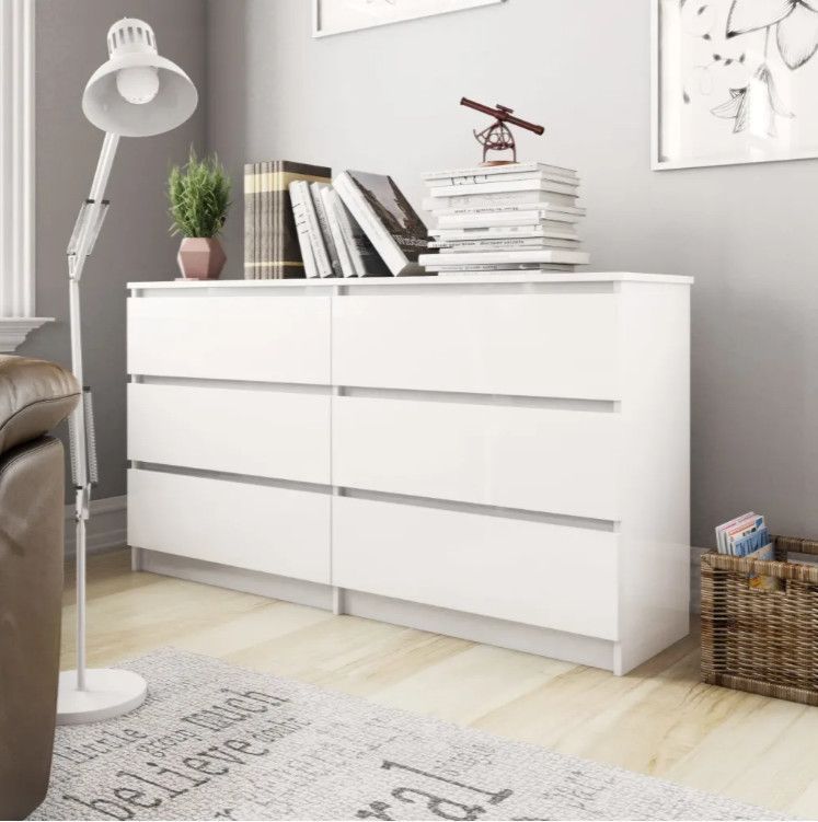 Meuble 6 tiroirs bois blanc brillant Agency 140 cm - Photo n°2