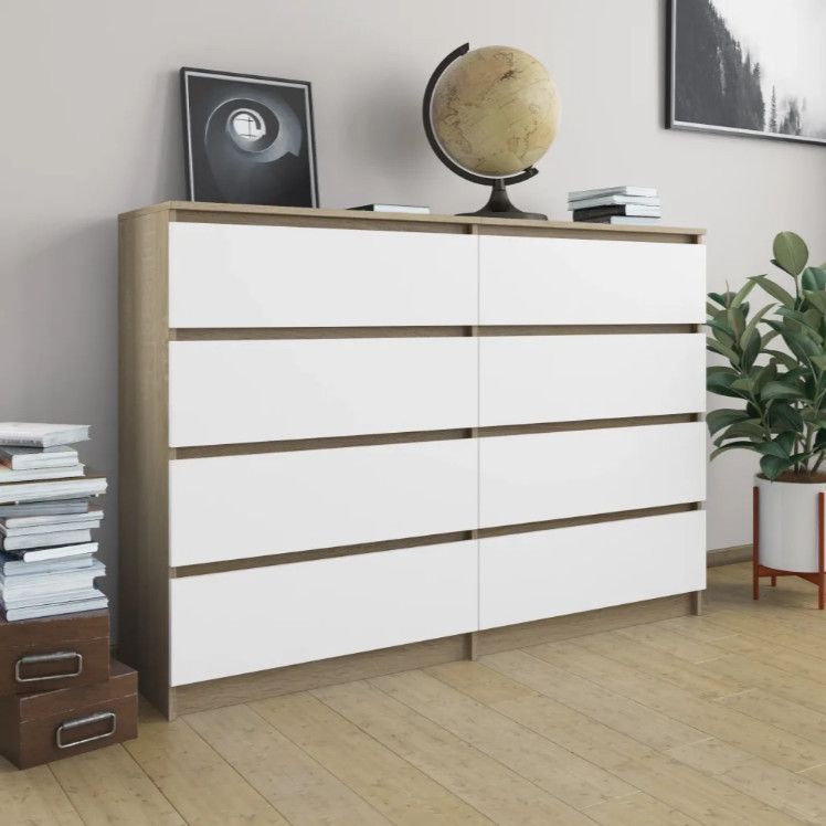 Meuble 8 tiroirs bois blanc et chêne clair Agency 140 cm - Photo n°2