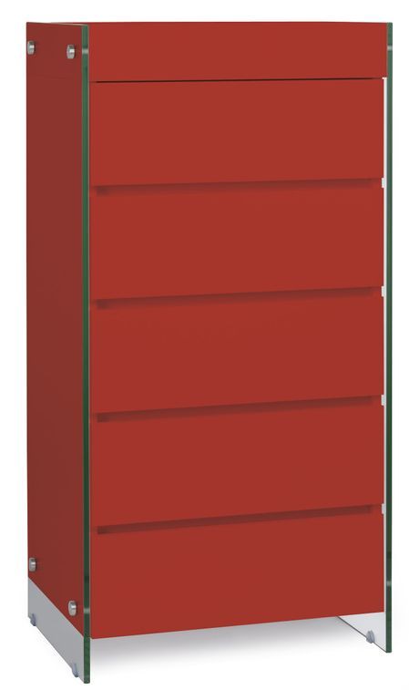 Meuble de rangement 5 tiroirs bois laqué rouge et pieds verre trempé Dyn - Photo n°1