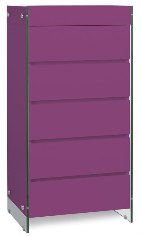Meuble de rangement 5 tiroirs bois laqué violet et pieds verre trempé Dyn - Photo n°1