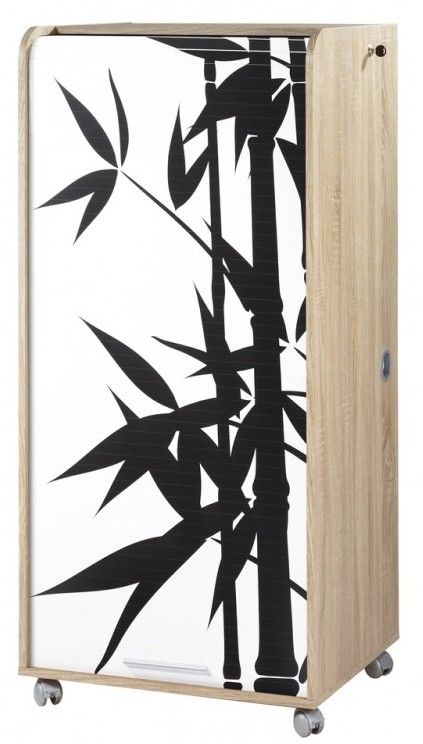 Meuble informatique à rideau chêne naturel imprimé bambous Orga - Photo n°1