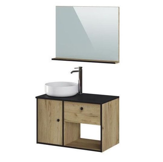 Meuble salle de bain avec vasque + miroir - 1 tiroir 1 portes - Décor chene et noir - L 80 x P 46 x H 63 cm - LARS - Photo n°1