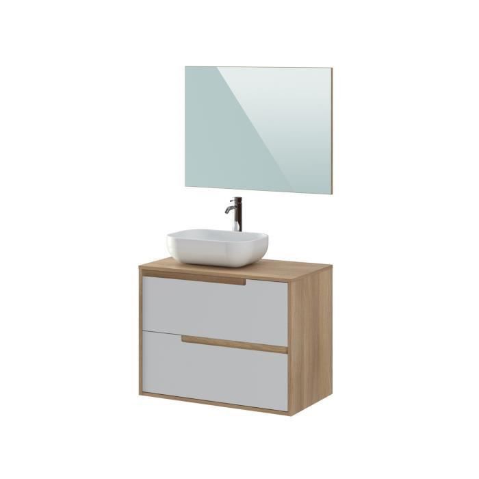Meuble salle de bain avec vasque + miroir - 2 tiroirs - Décor chene et banc - L 80 x P 46 x H 75 cm - LENA - Photo n°1