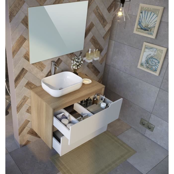 Meuble salle de bain avec vasque + miroir - 2 tiroirs - Décor chene et banc - L 80 x P 46 x H 75 cm - LENA - Photo n°4
