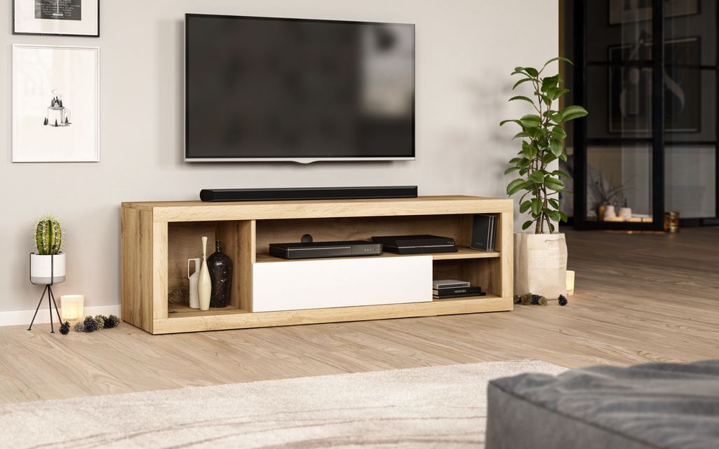 Meuble TV 1 porte 3 niches bois naturel et blanc Kopar 140 cm - Photo n°3