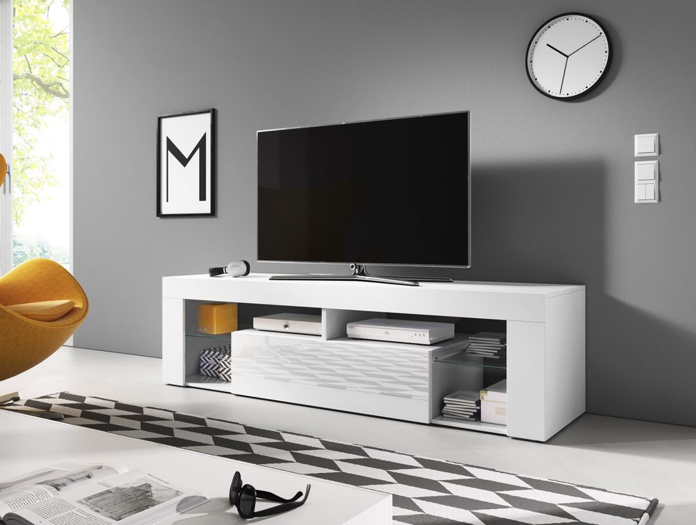 Meuble TV 1 porte blanc mat et blanc brillant Kara 140 cm - Photo n°2