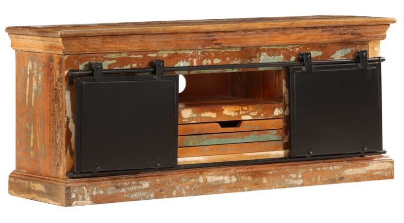 Meuble TV 2 portes 1 tiroir bois massif recyclé et métal noir Bousty - Photo n°1