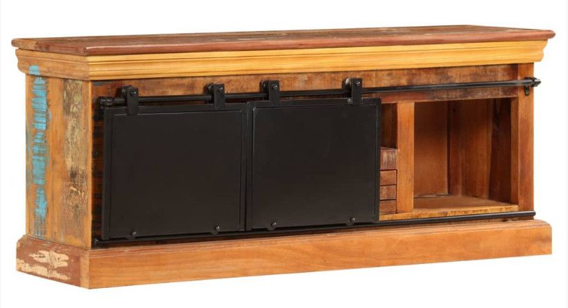 Meuble TV 2 portes 1 tiroir bois massif recyclé et métal noir Bousty - Photo n°5