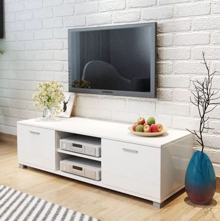 Meuble TV 2 portes 2 niches bois blanc brillant Glamourous - Photo n°4