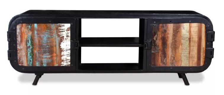 Meuble TV 2 portes 2 niches bois massif recyclé et métal noir Bousty - Photo n°2