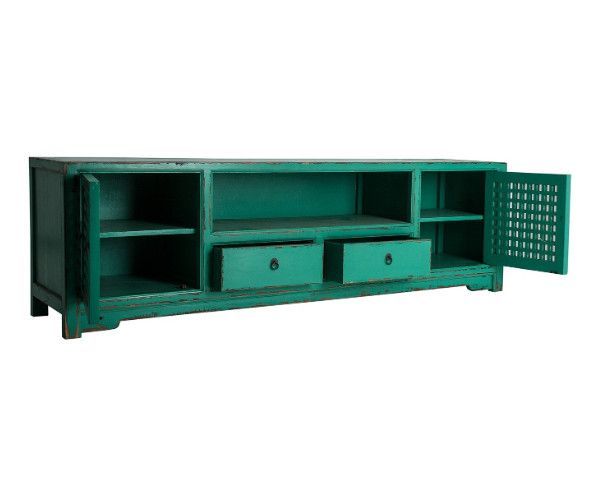 Meuble TV 2 portes 2 tiroirs pin massif recyclé turquoise Arjun - Photo n°3