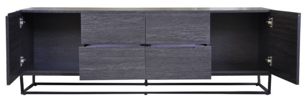 Meuble TV 2 portes 4 tiroirs bois gris foncé et pieds métal noir Logan - Photo n°2