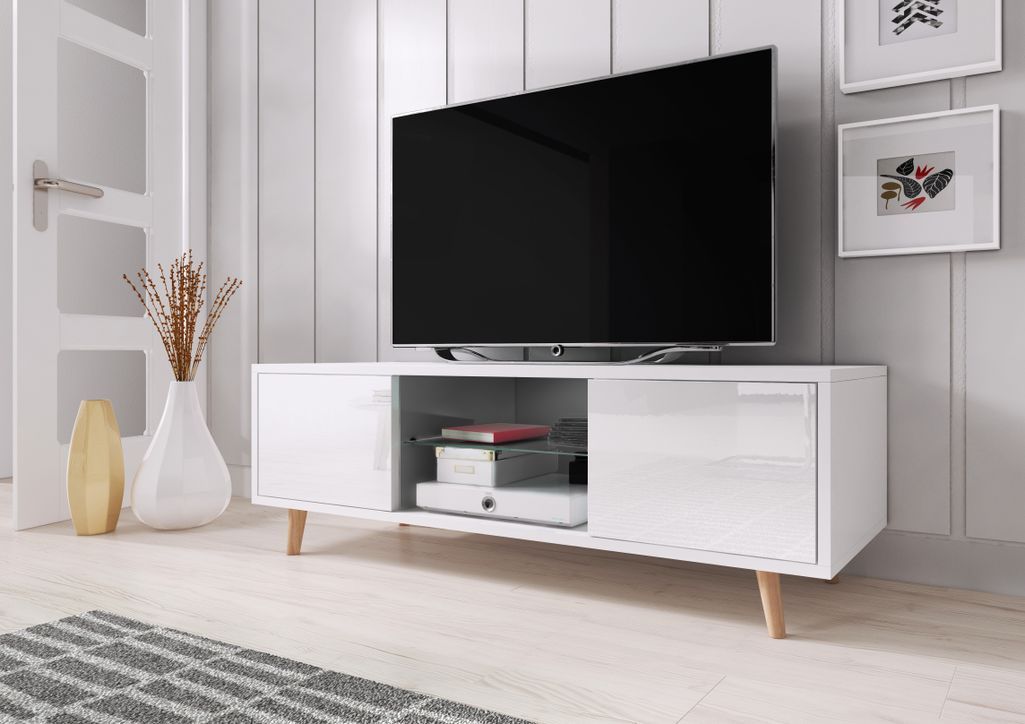Meuble TV 2 portes blanc mat et blanc laqué Kuzani 140 cm - Photo n°2