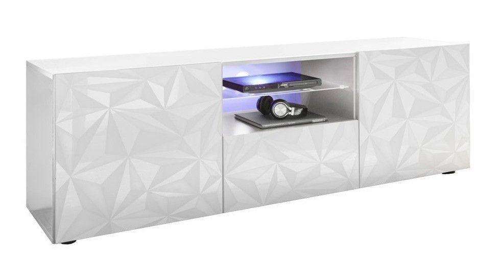 Meuble TV à LED 2 portes bois laqué blanc brillant Pagar L 180 cm - Photo n°1
