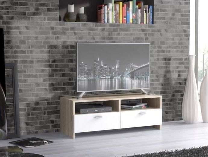 Meuble TV 2 tiroirs 2 niches bois blanc et chêne clair Basic - Photo n°4
