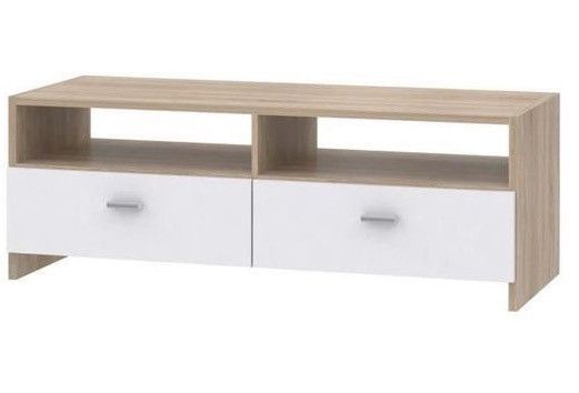 Meuble TV 2 tiroirs 2 niches bois blanc et chêne clair Basic - Photo n°1