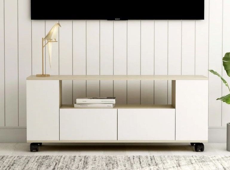 Meuble TV 2 tiroirs bois blanc et chêne clair Tacar 120 cm - Photo n°2