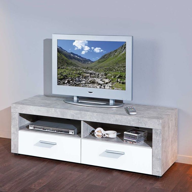 Meuble TV 2 tiroirs bois blanc et effet béton Bonnie 134 cm - Photo n°3