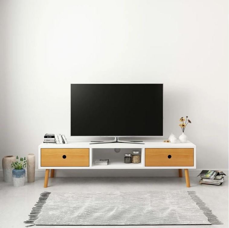 Meuble TV 2 tiroirs bois blanc et pin massif clair Joeb 120 cm - Photo n°4