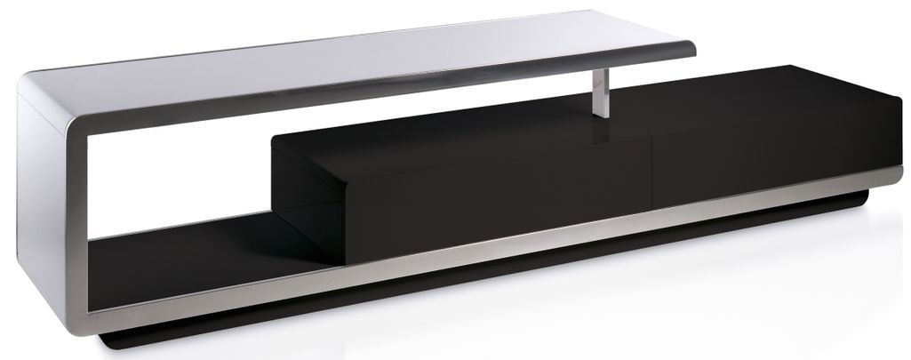 Meuble TV 2 tiroirs bois laqué noir et acier inoxydable Modena - Photo n°1