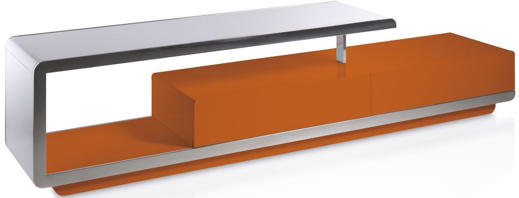 Meuble TV 2 tiroirs bois laqué orange et acier inoxydable Modena - Photo n°1
