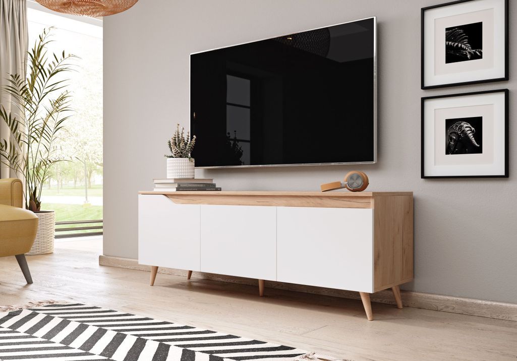 Meuble TV 3 portes bois naturel et blanc mat Dulce 140 cm - Photo n°3