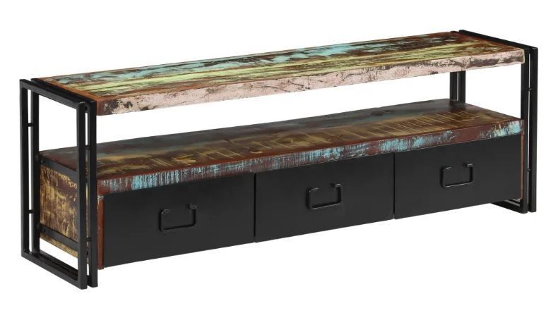 Meuble TV 3 tiroirs bois massif recyclé et métal noir Mista - Photo n°1