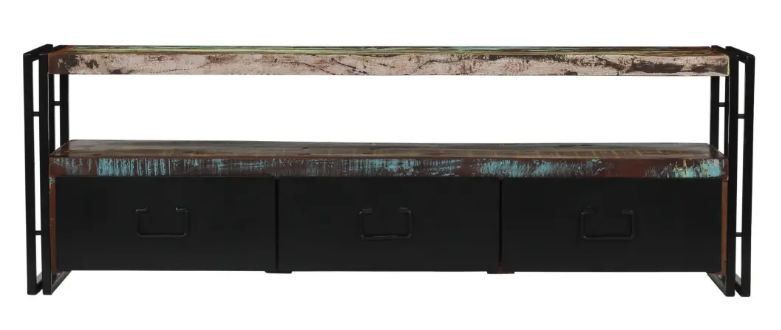 Meuble TV 3 tiroirs bois massif recyclé et métal noir Mista - Photo n°2