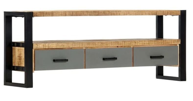Meuble TV 3 tiroirs manguier massif clair et métal Mechi 130 cm - Photo n°1
