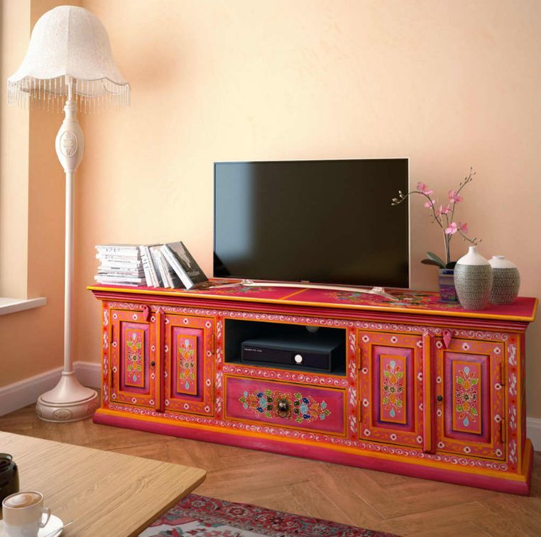 Meuble TV 4 portes 1 tiroir manguier massif rose Pinkie - Photo n°7