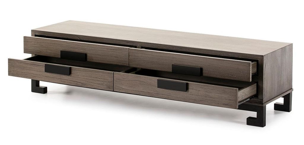 Meuble TV 4 tiroirs bois massif gris et noir 161 cm - Photo n°3